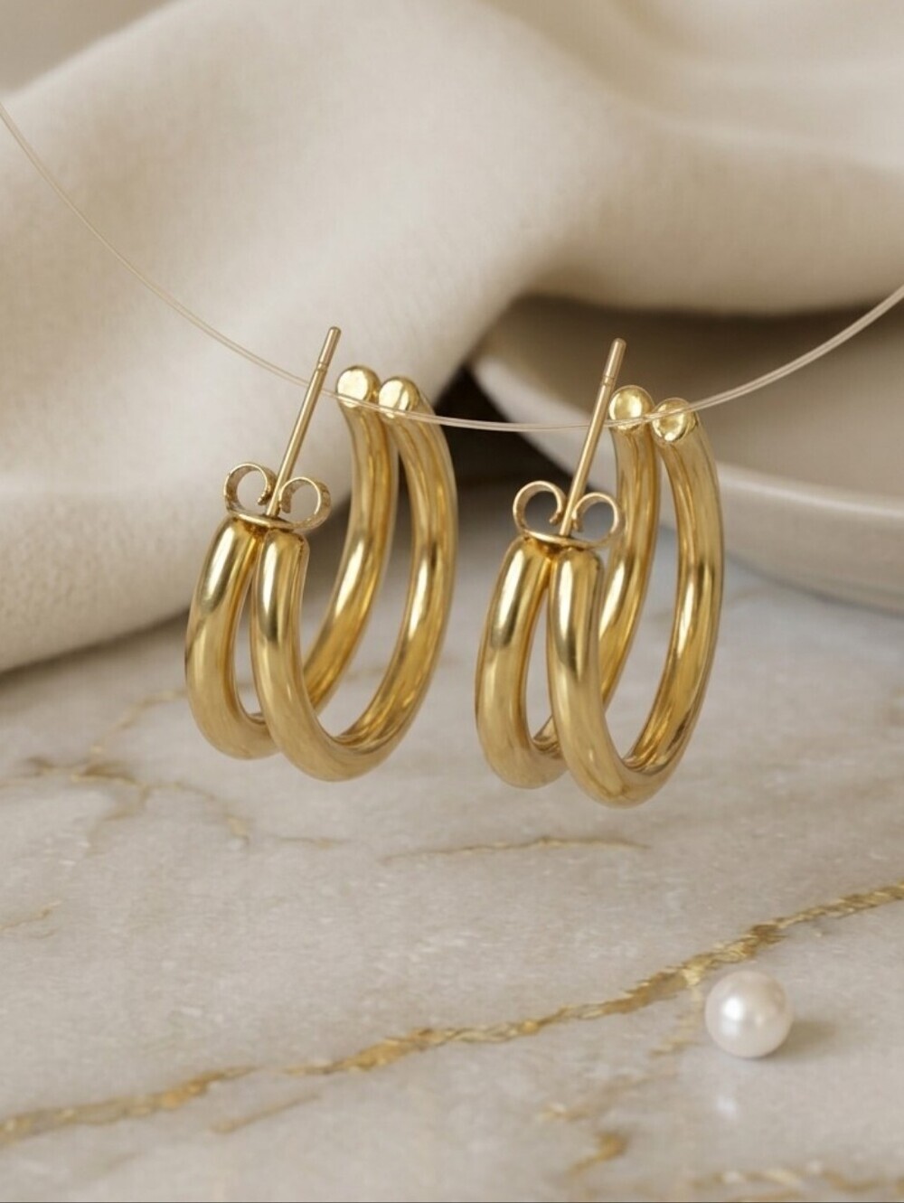 18K Gold Plated 316L Steel Chunky Double C Split Hoop Earrings 1" - Picture 12 of 16